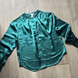 Teal Satin Button-Up Blouse